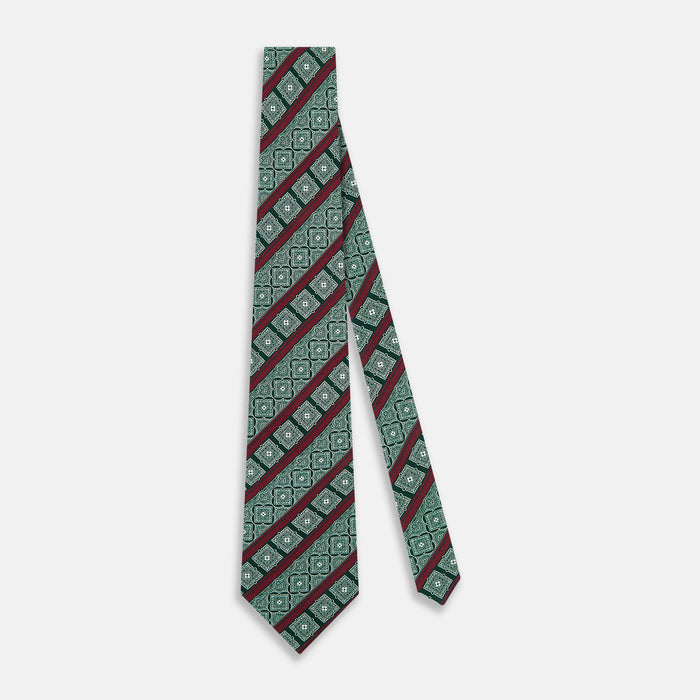 Forest Green and Red Medallion Bar Printed Silk Tie Image 1