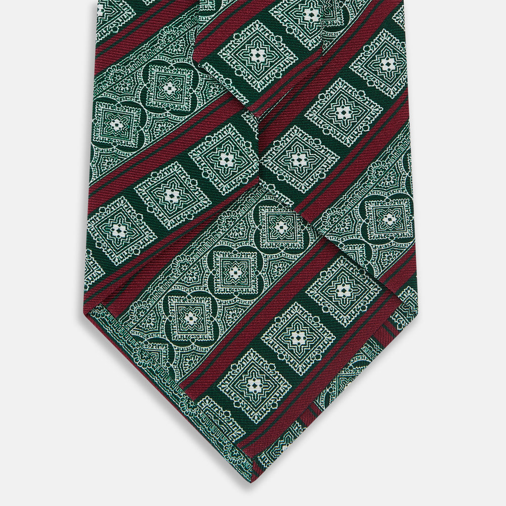 Forest Green and Red Medallion Bar Printed Silk Tie OS