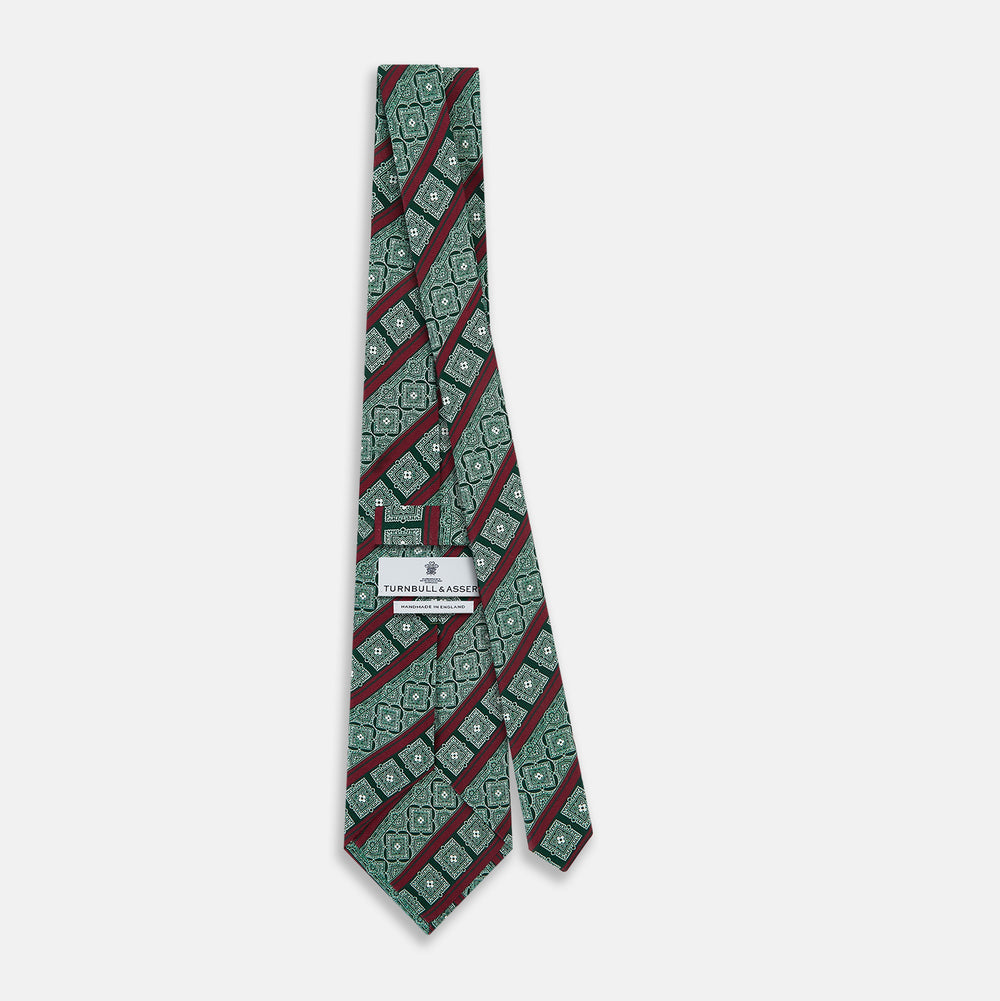 Forest Green and Red Medallion Bar Printed Silk Tie OS