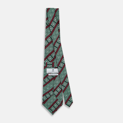 Forest Green and Red Medallion Bar Printed Silk Tie Image 3