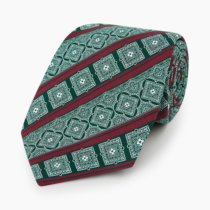 Forest Green and Red Medallion Bar Printed Silk Tie Image 4