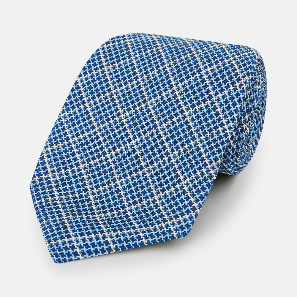 Light Blue Houndstooth Check Printed Silk Tie OS