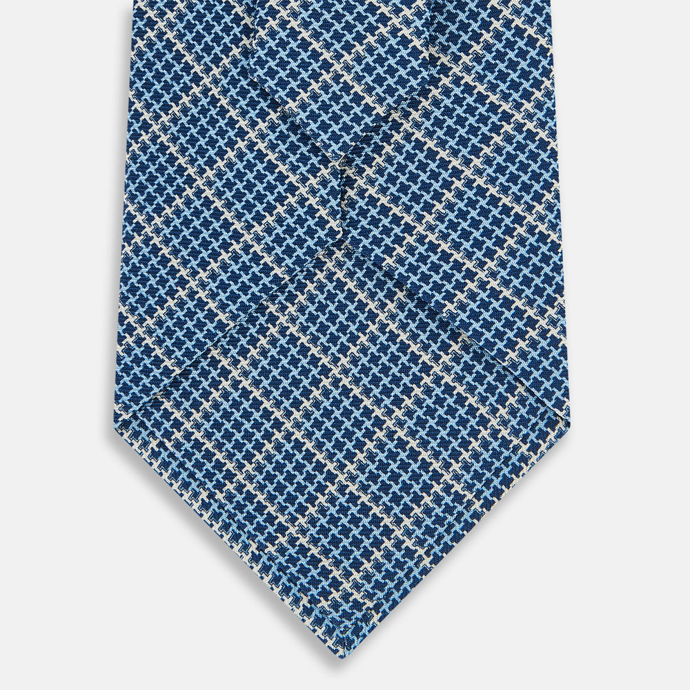 Light Blue Houndstooth Check Printed Silk Tie OS