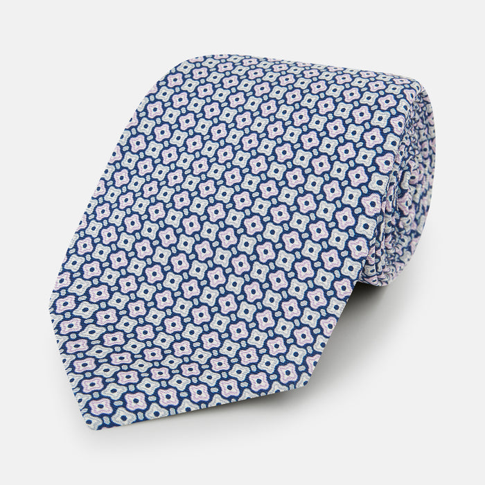 Pale Blue and Green Abstract Quatrefoil Foulard Printed Silk Tie