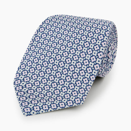 Pale Blue and Green Abstract Quatrefoil Foulard Printed Silk Tie Image 4