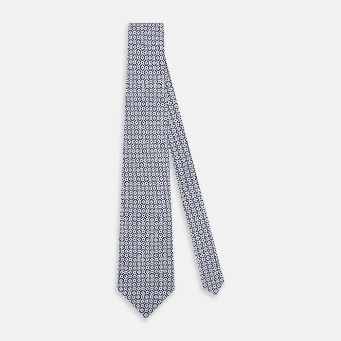 Pale Blue and Green Abstract Quatrefoil Foulard Printed Silk Tie Image 1