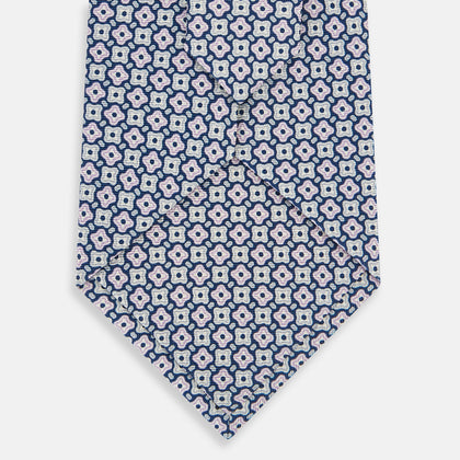 Pale Blue and Green Abstract Quatrefoil Foulard Printed Silk Tie Image 2