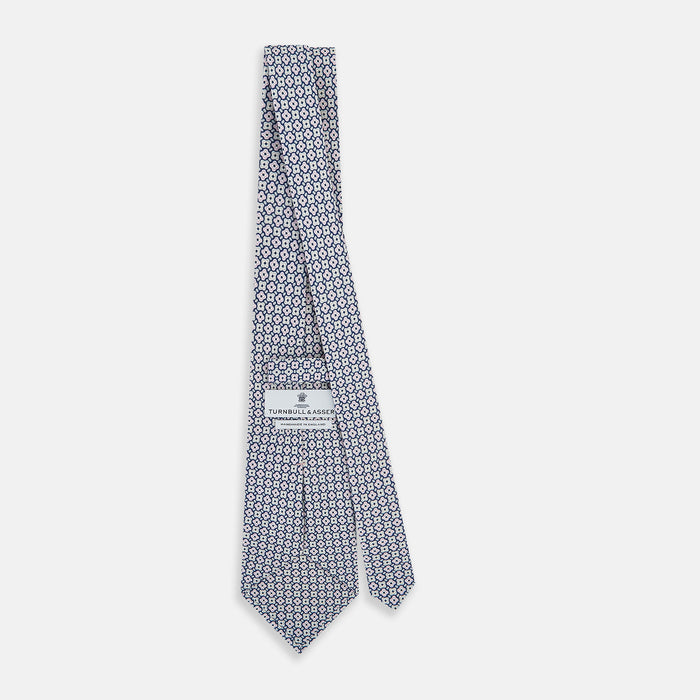Pale Blue and Green Abstract Quatrefoil Foulard Printed Silk Tie Image 3