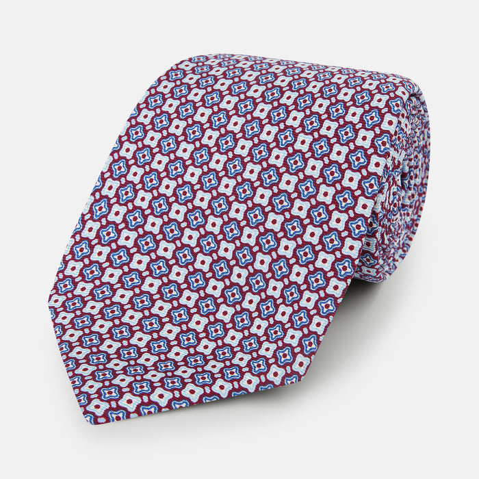 Burgundy and Avio Blue Abstract Quatrefoil Foulard Printed Silk Tie