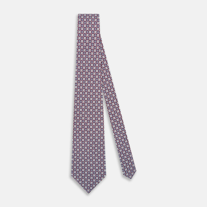 Burgundy and Avio Blue Abstract Quatrefoil Foulard Printed Silk Tie Image 1