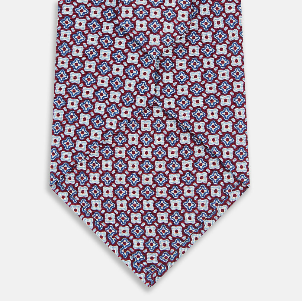 Burgundy and Avio Blue Abstract Quatrefoil Foulard Printed Silk Tie OS