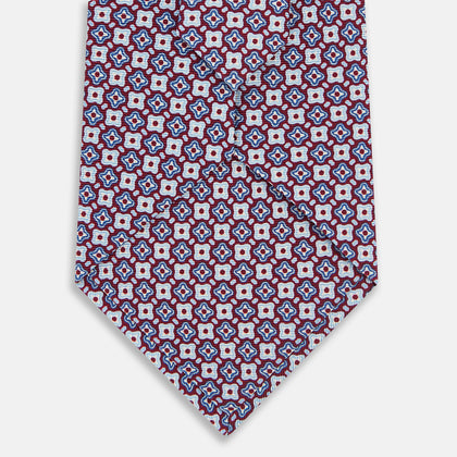 Burgundy and Avio Blue Abstract Quatrefoil Foulard Printed Silk Tie Image 2
