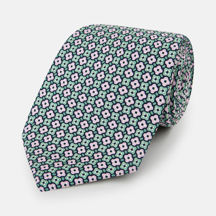 Kelly Green and Pink Abstract Quatrefoil Foulard Printed Silk Tie
