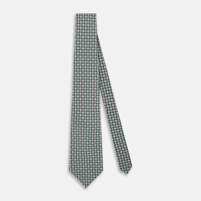 Kelly Green and Pink Abstract Quatrefoil Foulard Printed Silk Tie Image 1