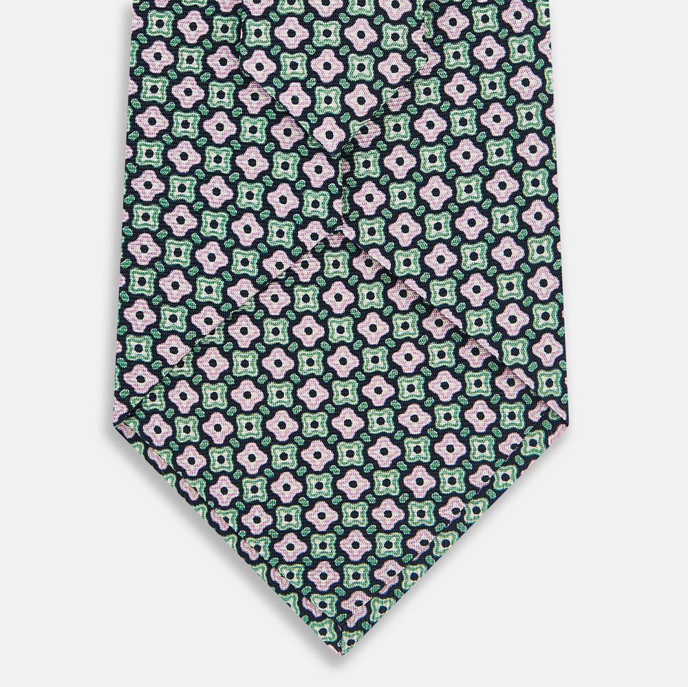 Kelly Green and Pink Abstract Quatrefoil Foulard Printed Silk Tie OS