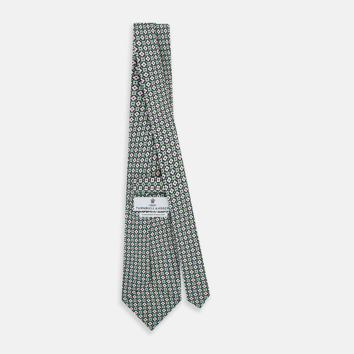 Kelly Green and Pink Abstract Quatrefoil Foulard Printed Silk Tie Image 3