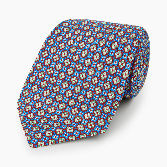 Tulip Red and Blue Abstract Quatrefoil Foulard Printed Silk Tie Image 4
