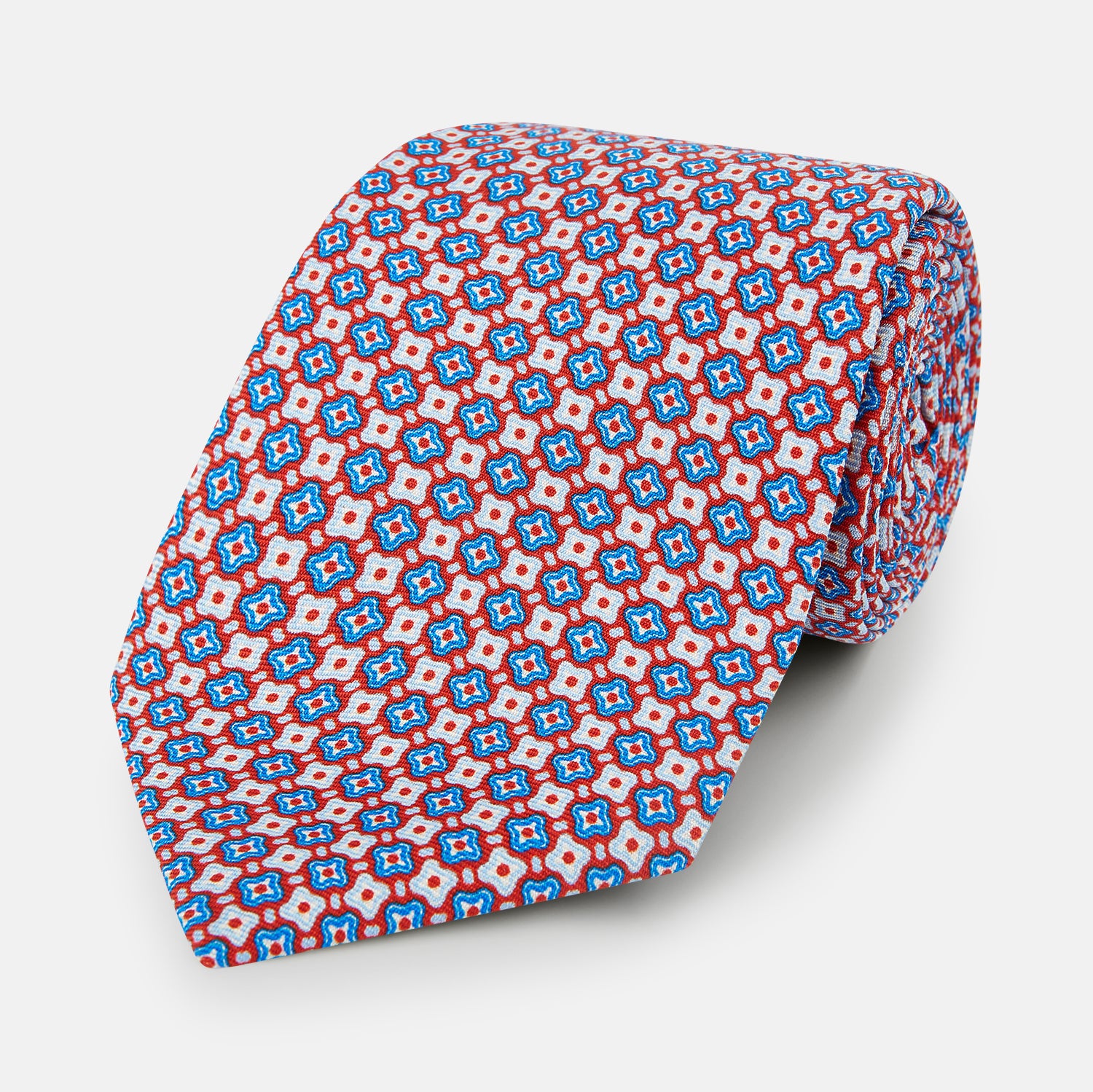 View 1 of product Red and Blue Abstract Quatrefoil Foulard Printed Silk Tie OS