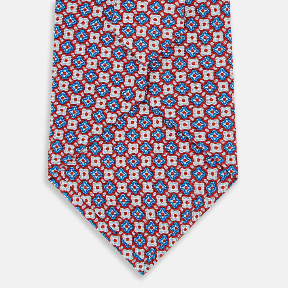 Red and Blue Abstract Quatrefoil Foulard Printed Silk Tie OS