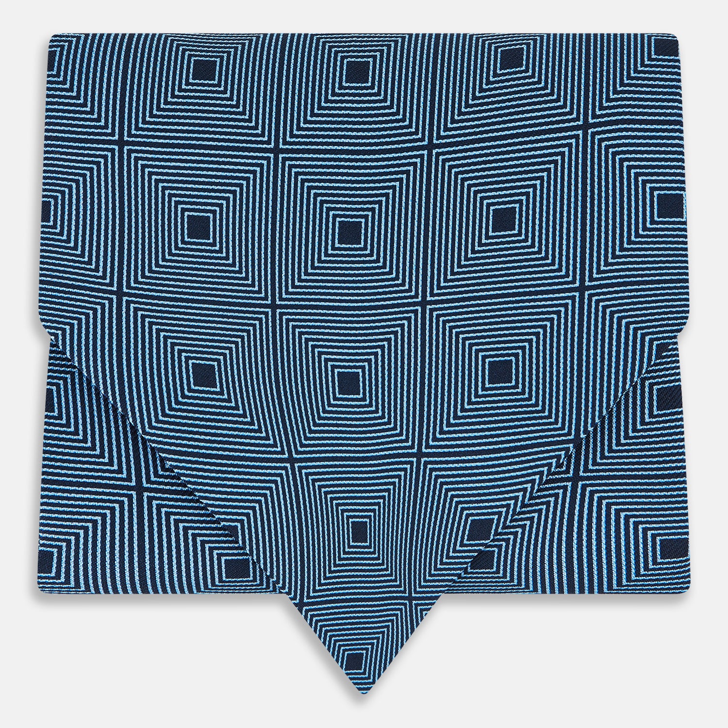 View 1 of product The Blue and Navy Concentric Square Printed Silk Cravat from Turnbull & Asser UK features a geometric blue and white design on a dark background, creating an optical illusion—an elegant wedding accessory.