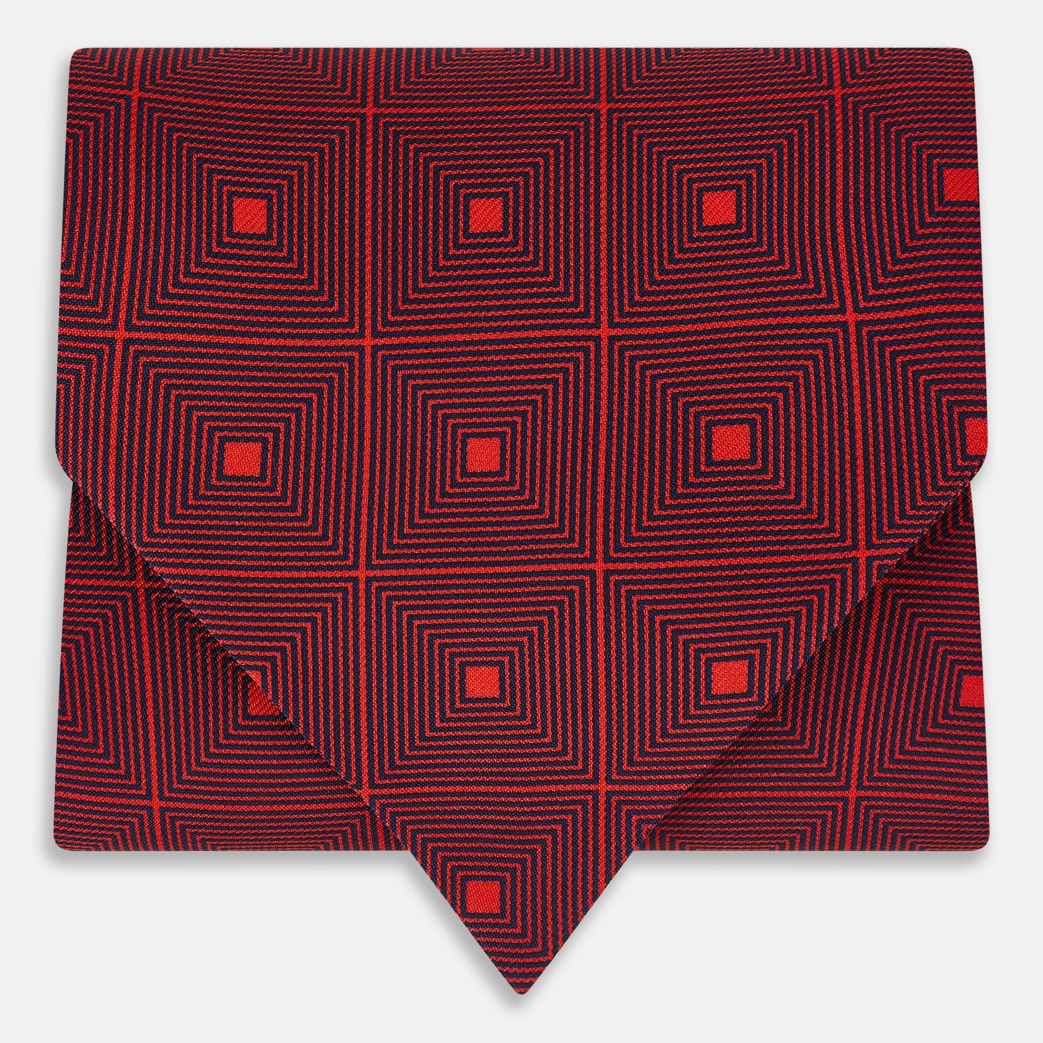 View 1 of product The Tulip Red Concentric Diamond Printed Silk Cravat from Turnbull & Asser UK features a bold red and black geometric pattern, creating an optical illusion effect and smart British style.