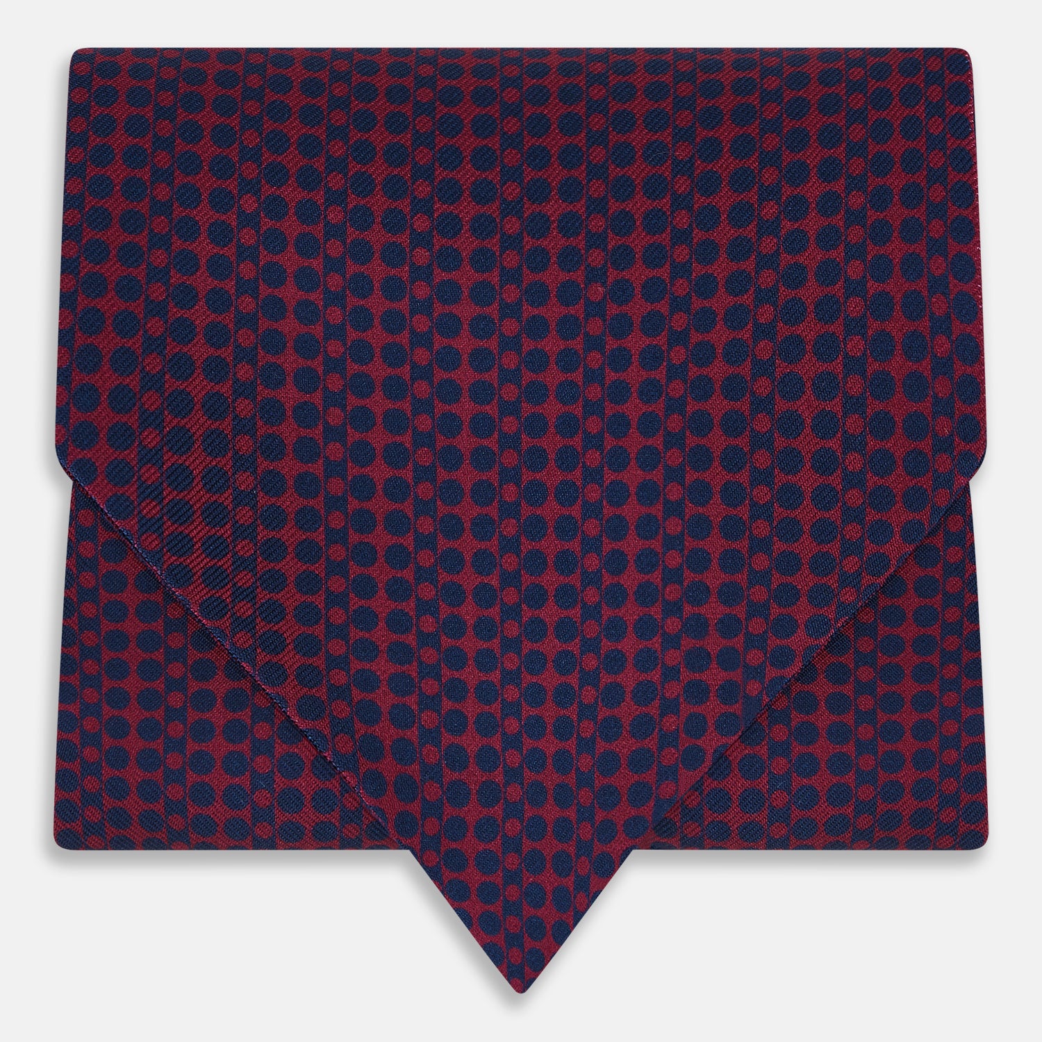 View 1 of product The Burgundy Micro-Dot Bar Printed Silk Cravat by Turnbull & Asser UK features a British style with a navy background, vertical red dots, and diagonal burgundy and navy stripes.