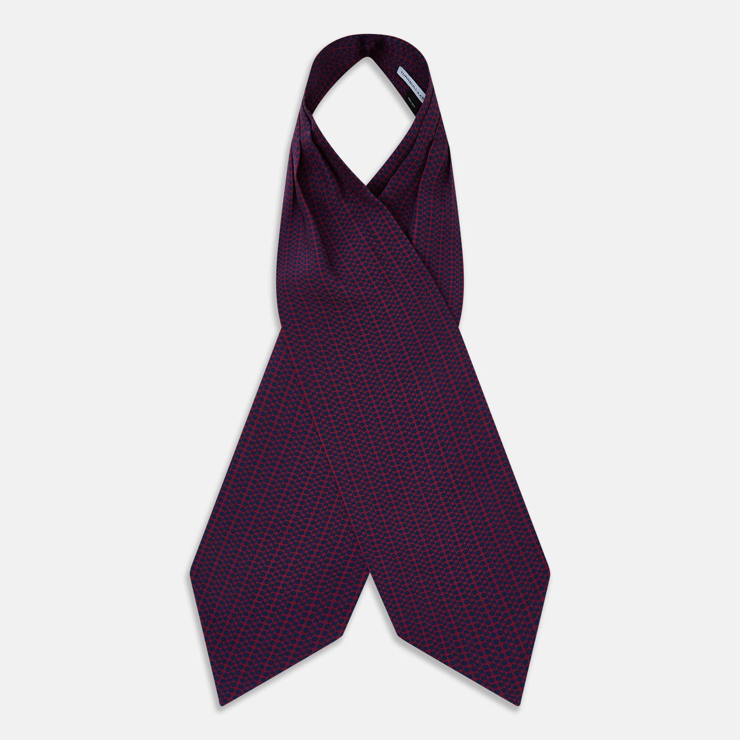 View 2 of product The Burgundy Micro-Dot Bar Printed Silk Cravat by Turnbull & Asser UK features a British style with a navy background, vertical red dots, and diagonal burgundy and navy stripes.