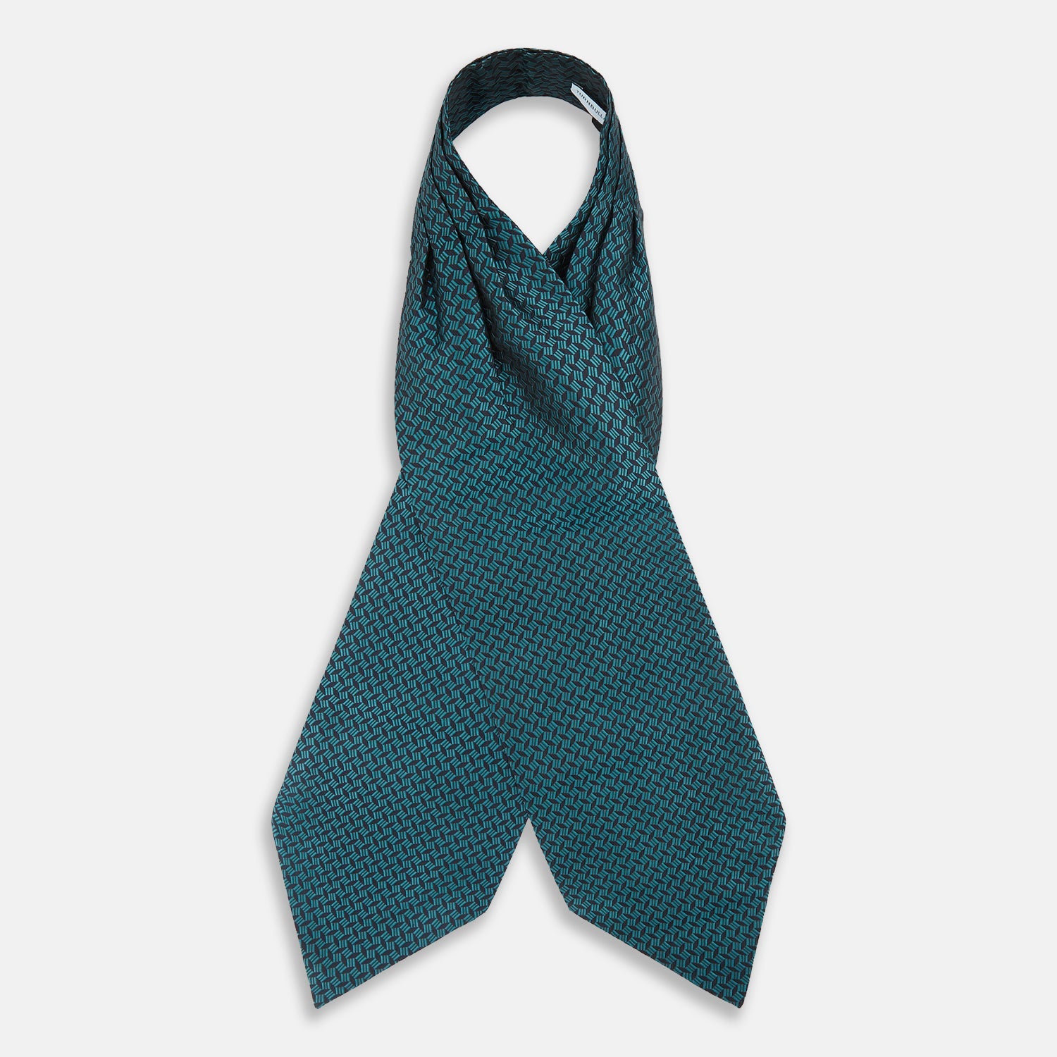 View 2 of product The Turquoise Geometric Silk Cravat by Turnbull & Asser features a striking teal and black pattern—perfect for those who appreciate bold, handmade neckwear with geometric flair.