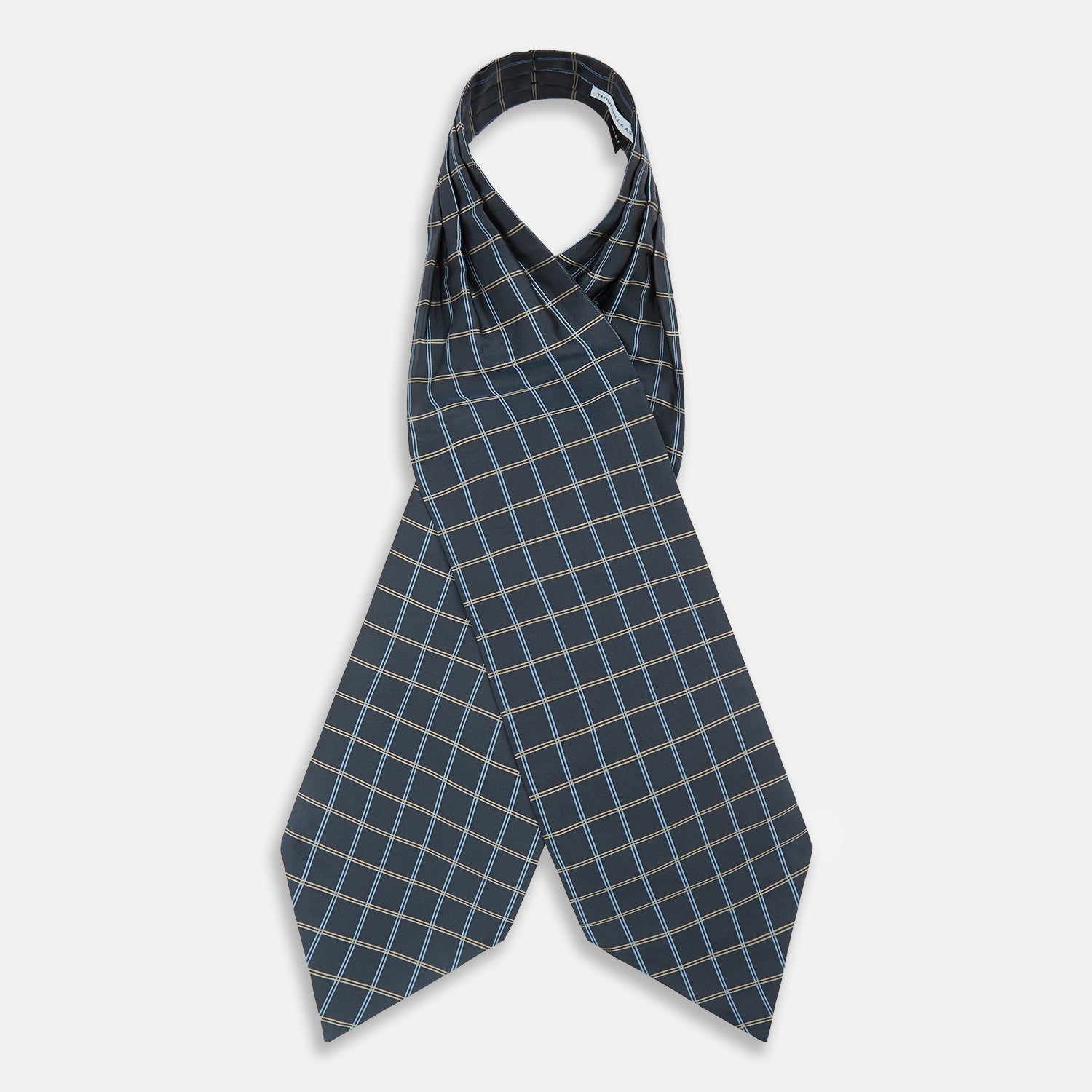 View 2 of product The Navy Fine Double Check Silk Cravat by Turnbull & Asser features a grid pattern in light blue and white lines—an elegant formal men's accessory, neatly folded with the pointed end at the bottom.