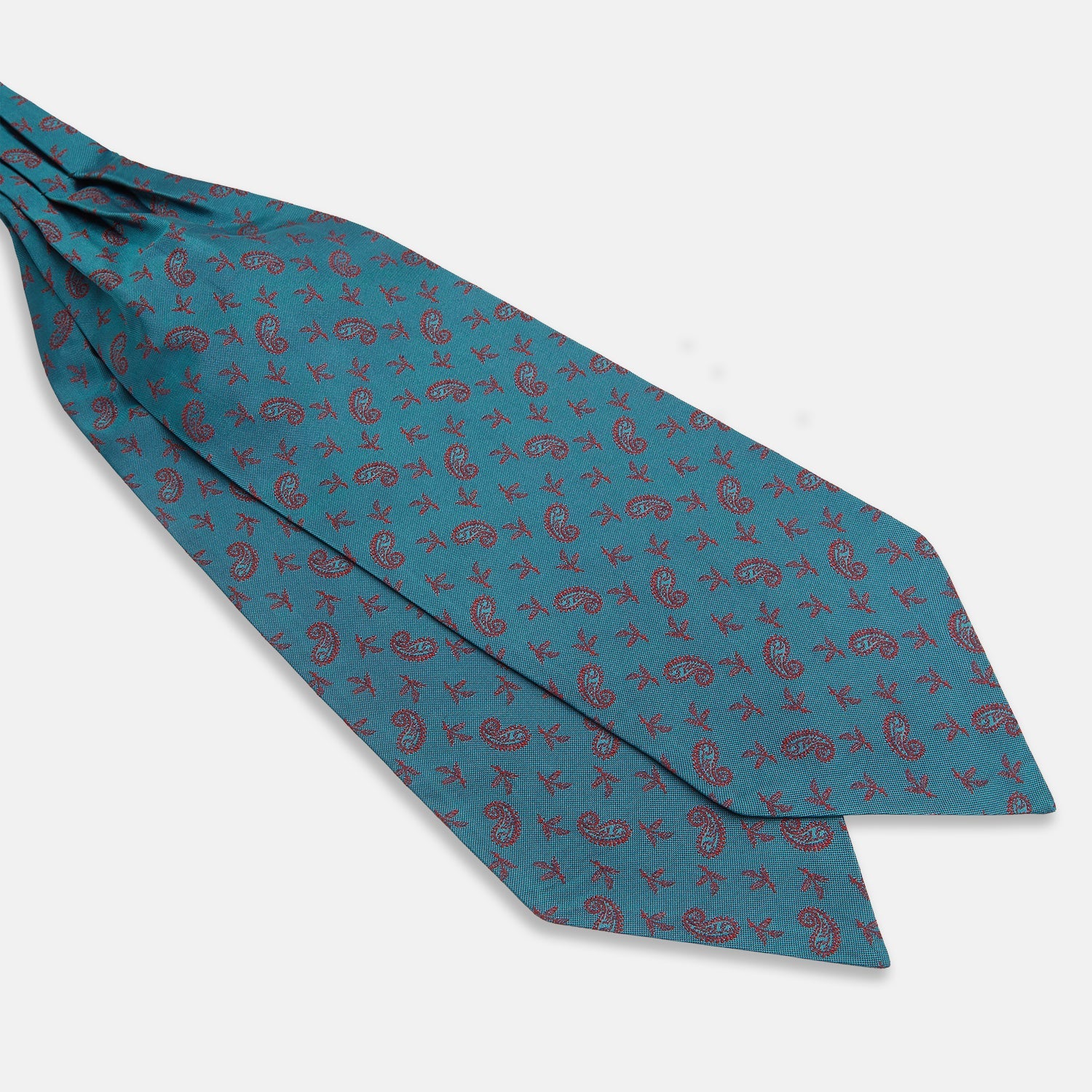 View 3 of product The Turnbull & Asser Teal Paisley Silk Cravat features a refined red paisley and floral pattern, adding a touch of elegance to formal men's attire.