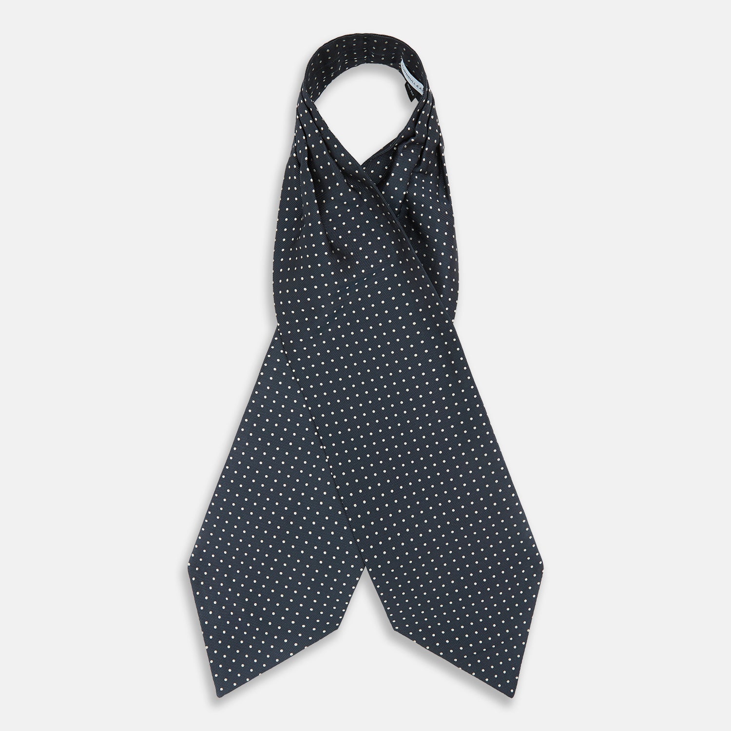 View 2 of product The Turnbull & Asser Navy Micro Dot Silk Cravat is a classic men's accessory, featuring subtle white polka dots—a sophisticated touch that pairs perfectly with a navy pocket square for timeless formal style.