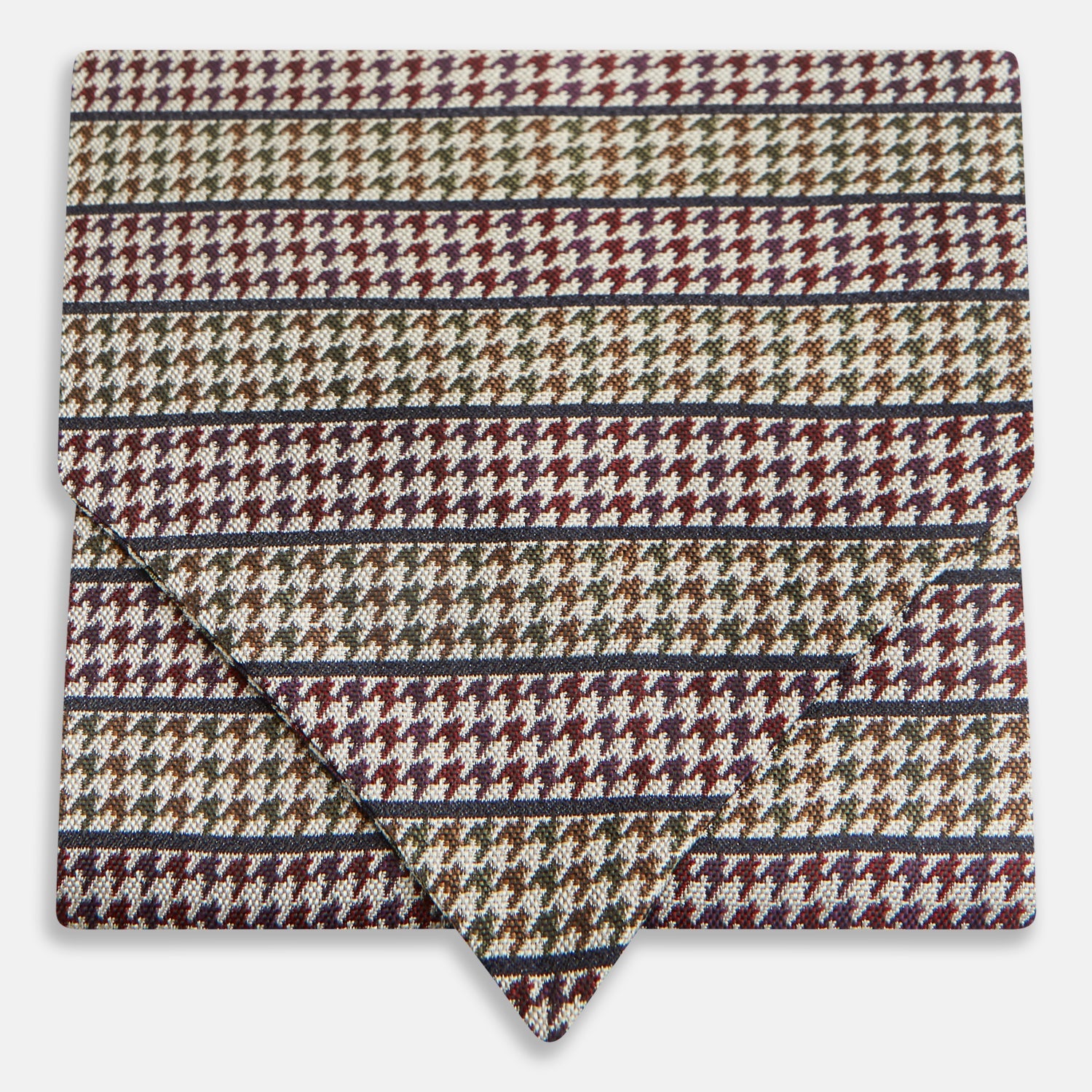 View 1 of product The Turnbull & Asser Brown Puppytooth Silk Cravat features a houndstooth pattern in brown, burgundy, and cream—evoking the refined elegance of a handmade accessory—displayed against a white background.