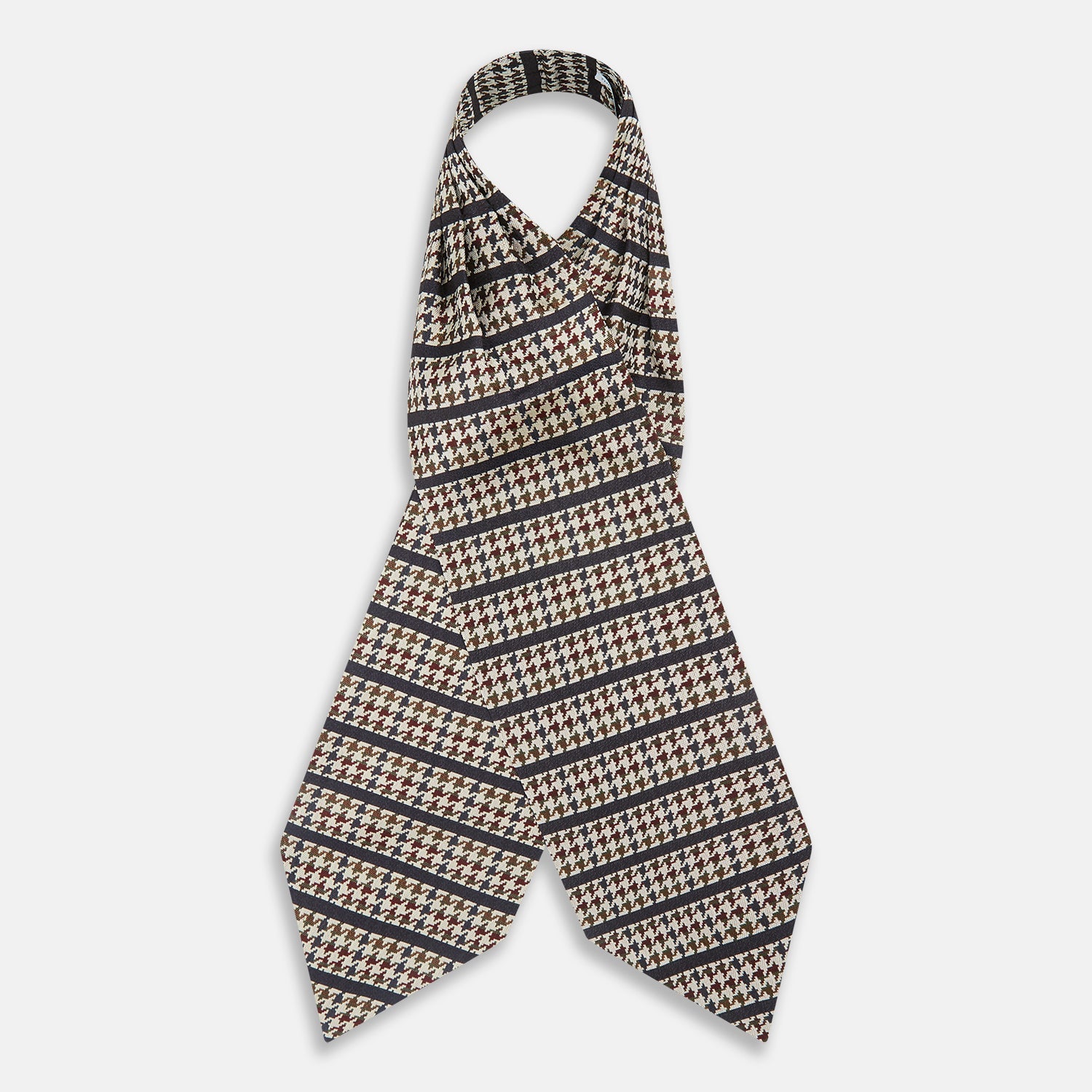 View 2 of product A folded pocket square with a houndstooth pattern in cream, brown, olive green, and burgundy with navy stripes—ideal for pairing with the Turnbull & Asser Brown Houndstooth Silk Cravat.
