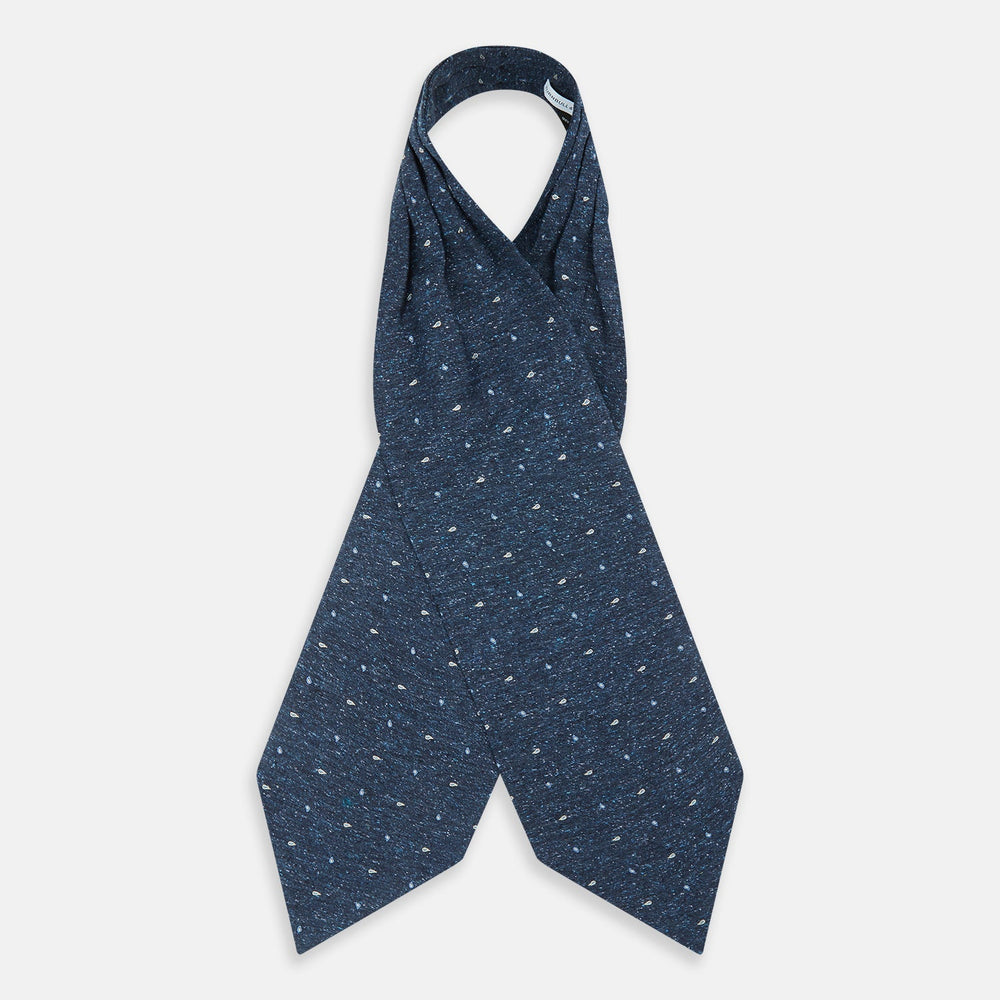 The Navy Micro Paisley Silk Cravat by Turnbull & Asser is a refined men's accessory, featuring subtle white paisley on silk—perfectly paired with a dark blue pocket square for an elegant formal look.