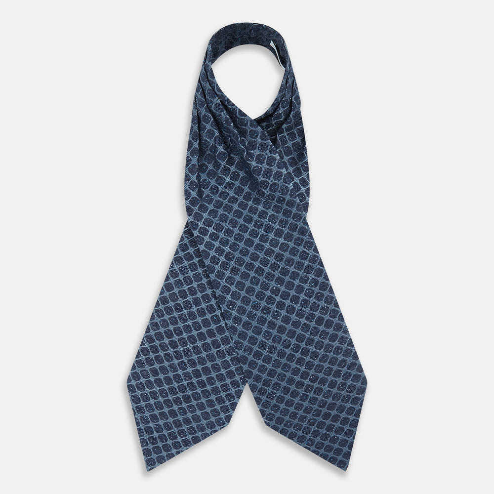 The Turnbull & Asser Navy Grid Silk Cravat features a textured hexagonal grid in dark and light blue on white—a refined, formal accessory perfect for any occasion.