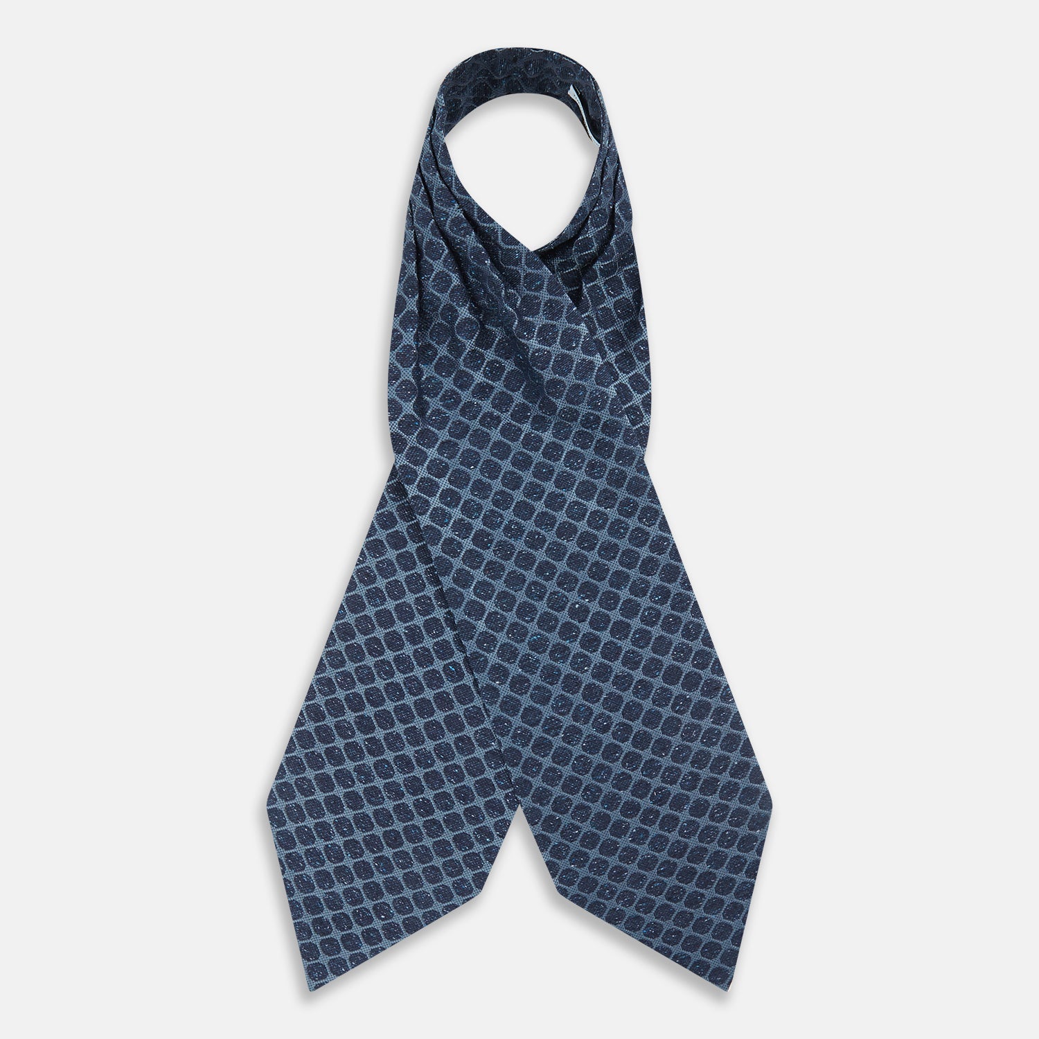 View 2 of product The Turnbull & Asser Navy Grid Silk Cravat features a textured hexagonal grid in dark and light blue on white—a refined, formal accessory perfect for any occasion.