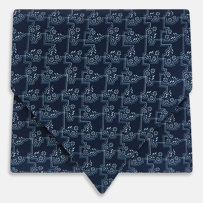 Dark Navy Floral Jigsaw Printed Silk Cravat
