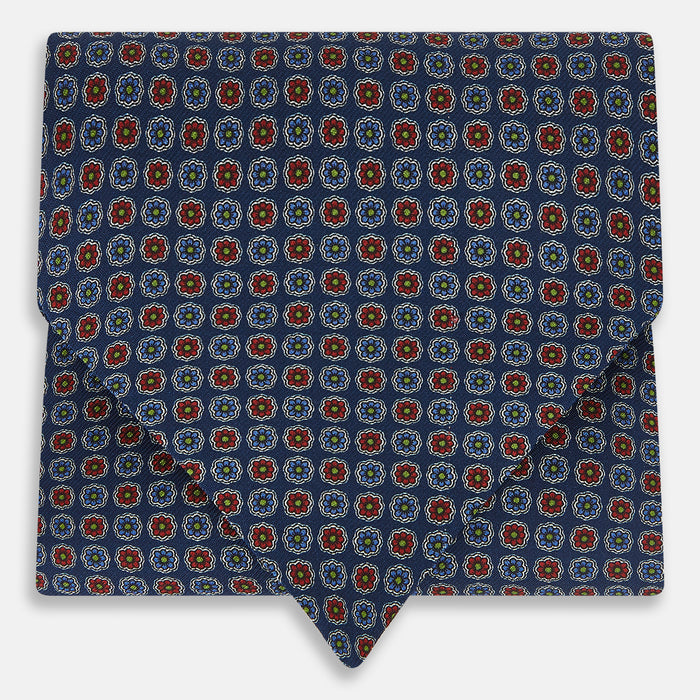 Midnight Blue Contrasting Rosette Medallion Printed Silk Cravat