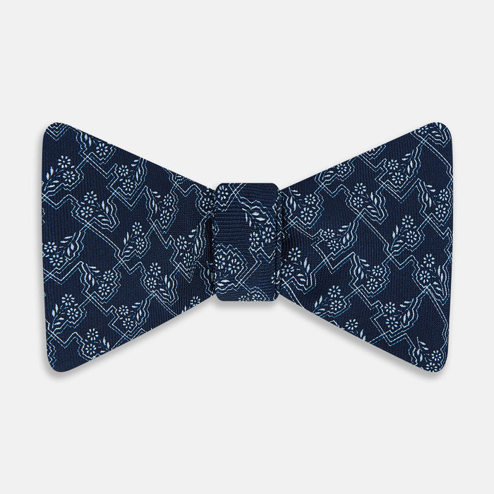 Dark Navy Floral Jigsaw Printed Silk Bow Tie