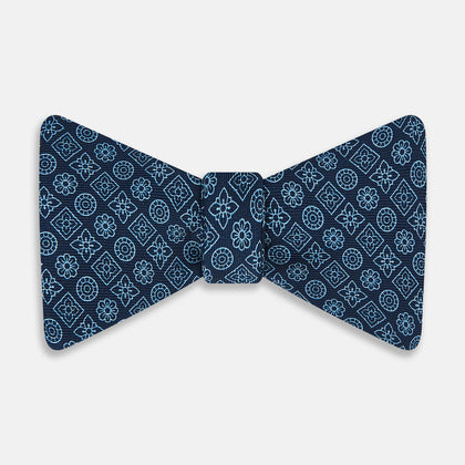 Dark Navy Floral Tile Pattern Printed Silk Bow Tie