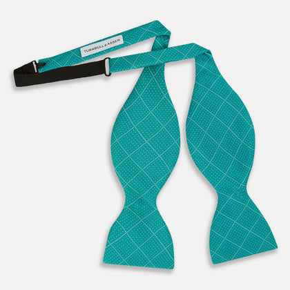 Turquoise Dotted Check Pattern Printed Silk Bow Tie Image 1