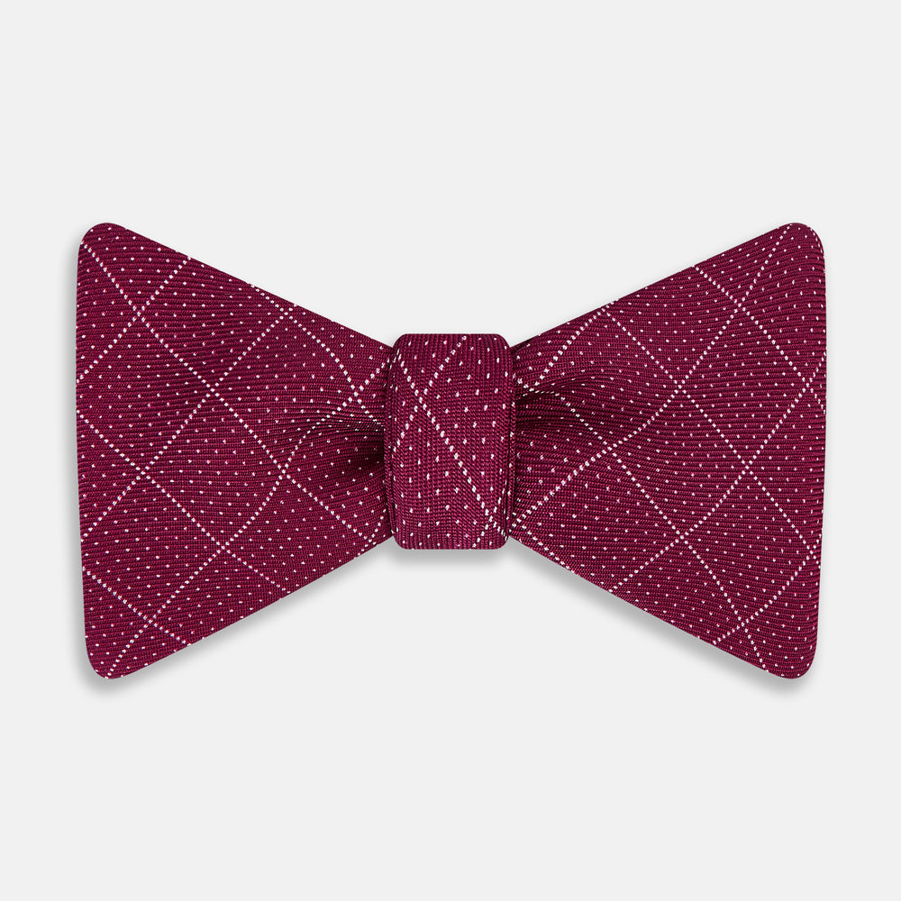 Burgundy Dotted Check Pattern Printed Silk Bow Tie OS