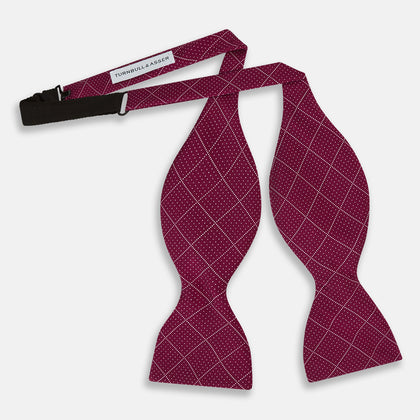 Burgundy Dotted Check Pattern Printed Silk Bow Tie Image 2
