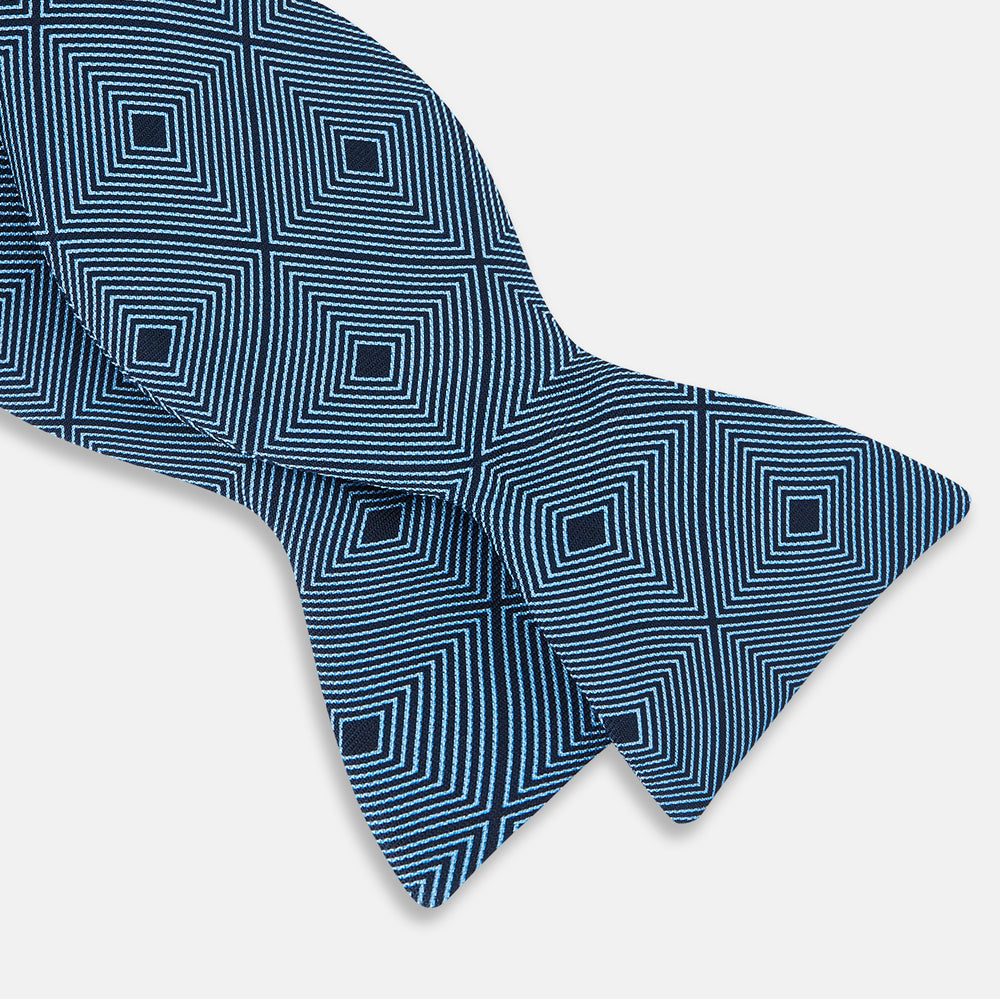 Blue and Navy Concentric Diamond Printed Silk Bow Tie OS