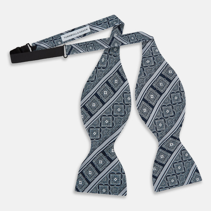 Navy and Grey Medallion Bar Printed Silk Bow Tie Image 1