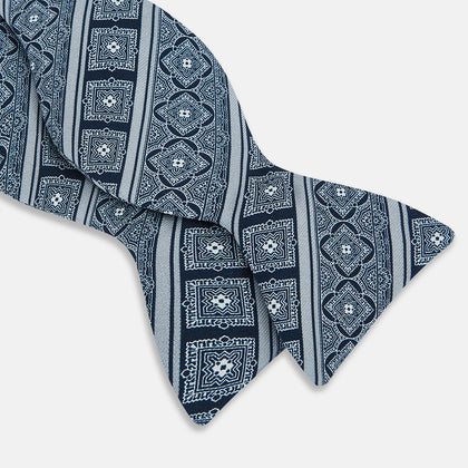 Navy and Grey Medallion Bar Printed Silk Bow Tie Image 2