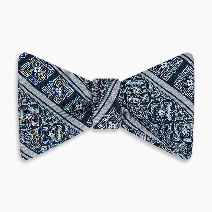 Navy and Grey Medallion Bar Printed Silk Bow Tie Image 3