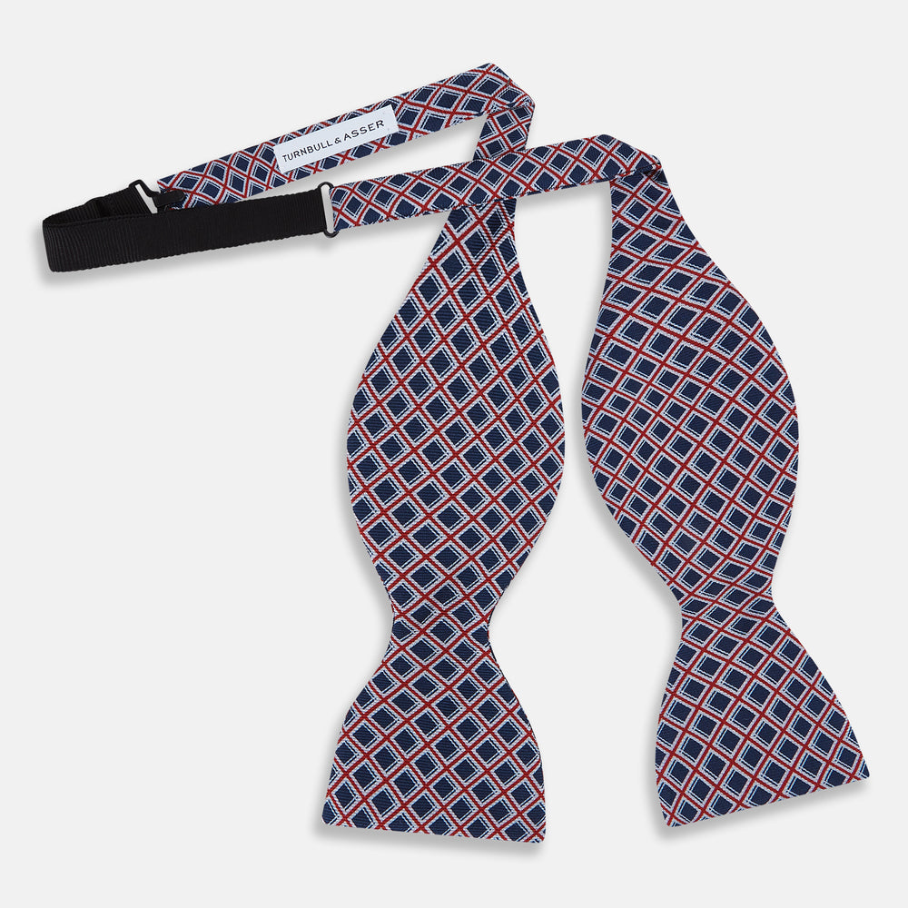 Dark Navy and Red Nested Square Printed Silk Bow Tie OS