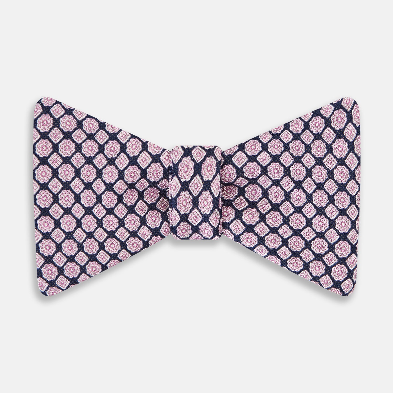 View 1 of product Pink and Navy Rosette Medallion Printed Silk Bow Tie OS