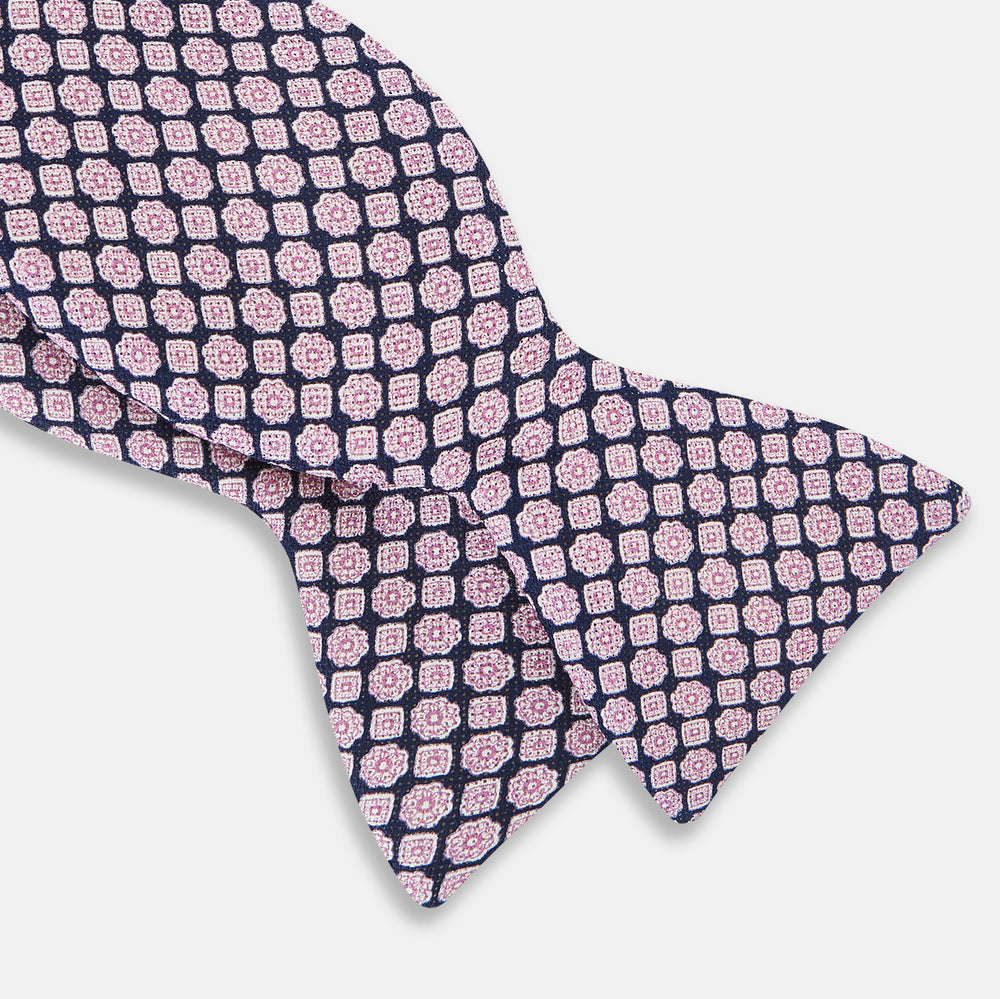 Pink and Navy Rosette Medallion Printed Silk Bow Tie OS